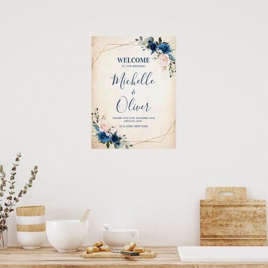 Navy Blue Blush Pink Florals Weddenschap Welkom Poster (Keuken)