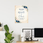 Navy Blue Blush Pink Florals Weddenschap Welkom Poster (Thuiskantoor)
