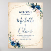 Navy Blue Blush Pink Florals Weddenschap Welkom Poster (Voorkant)