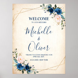 Navy Blue Blush Pink Florals Weddenschap Welkom Poster