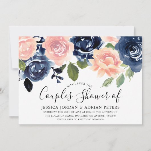 Navy Blue Blush Pink Flowers Couples Kaart (Voorkant)