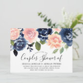Navy Blue Blush Pink Flowers Couples Kaart (Staand voorkant)