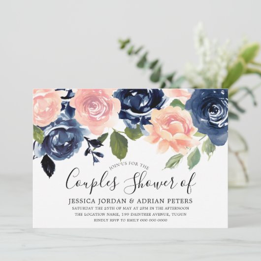 Navy Blue Blush Pink Flowers Couples Kaart (Staand voorkant)