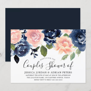 Navy Blue Blush Pink Flowers Couples Kaart
