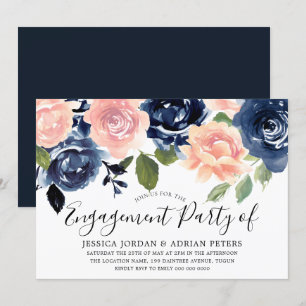 Navy Blue Blush Pink Flowers Engagement Party Kaart