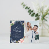 Navy Blue & Blush Pink Foto Opslaan van de datum Briefkaart (Staand voorkant)