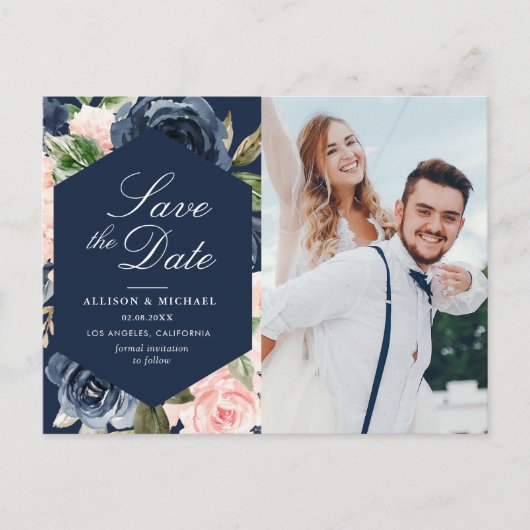 Navy Blue & Blush Pink Foto Opslaan van de datum Briefkaart (Voorkant)