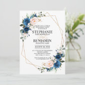 Navy Blue Blush Pink Geometric Engagement Party Kaart (Staand voorkant)