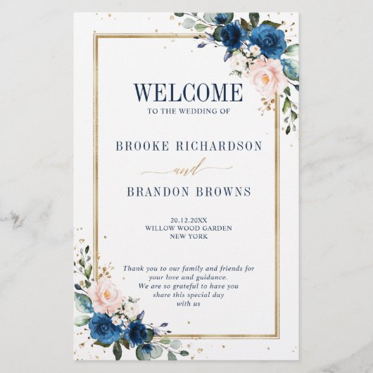 Navy Blue Blush Pink Geometric Wedding Programme (Voorkant)