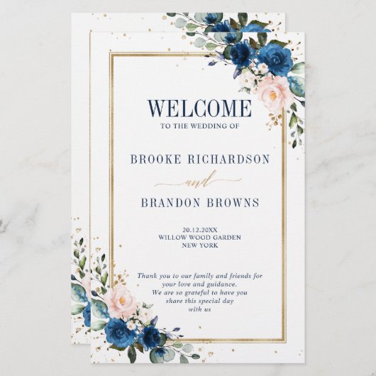 Navy Blue Blush Pink Geometric Wedding Programme (Voorkant / Achterkant)