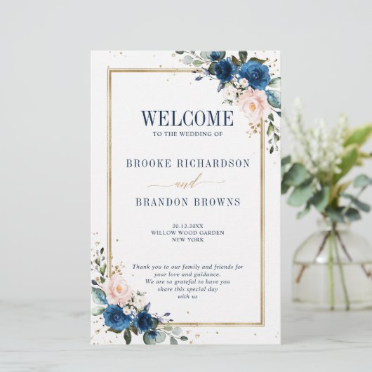 Navy Blue Blush Pink Geometric Wedding Programme (Staand voorkant)