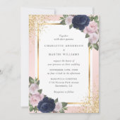 Navy Blue Blush Pink Gold Floral Weddenschap Kaart (Voorkant)