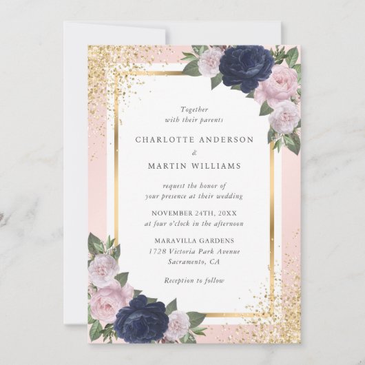 Navy Blue Blush Pink Gold Floral Weddenschap Kaart (Voorkant)