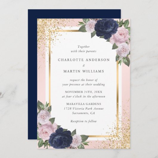 Navy Blue Blush Pink Gold Floral Weddenschap Kaart (Voorkant / Achterkant)