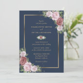 Navy Blue Blush Pink Gold Floral Weddenschap Kaart (Staand voorkant)
