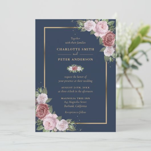 Navy Blue Blush Pink Gold Floral Weddenschap Kaart (Staand voorkant)