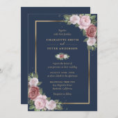 Navy Blue Blush Pink Gold Floral Weddenschap Kaart (Voorkant / Achterkant)