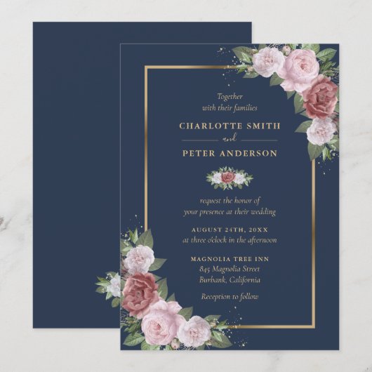 Navy Blue Blush Pink Gold Floral Weddenschap Kaart (Voorkant / Achterkant)