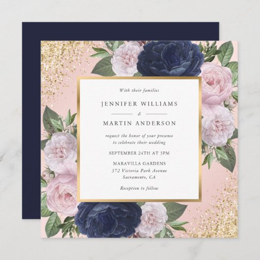 Navy Blue Blush Pink Gold Floral Weddenschap Kaart (Voorkant / Achterkant)