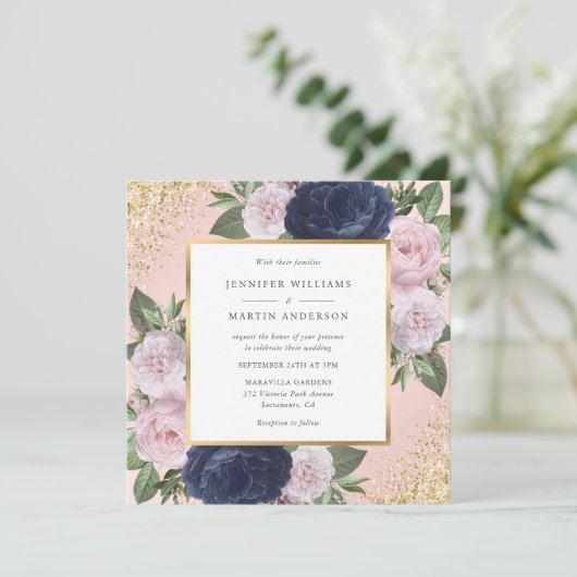 Navy Blue Blush Pink Gold Floral Weddenschap Kaart (Staand voorkant)