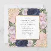Navy Blue Blush Pink Gold Floral Weddenschap Kaart (Voorkant)