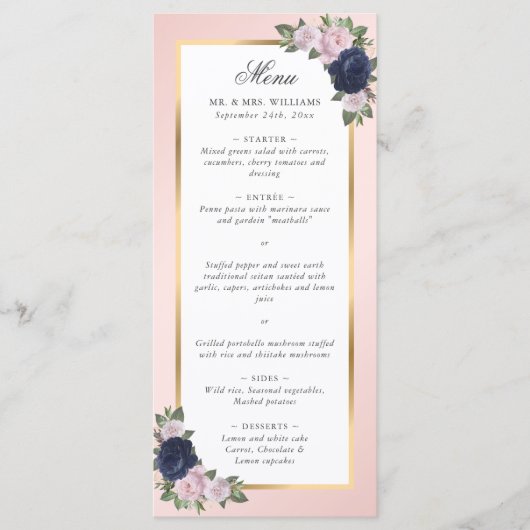 Navy Blue Blush Pink Gold Floral Weddenschap Menu (Voorkant)