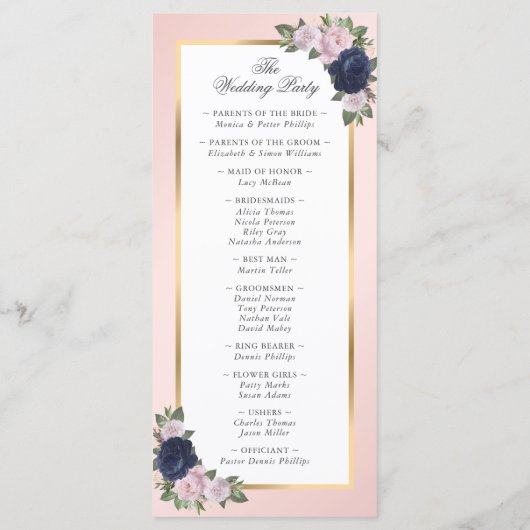 Navy Blue Blush Pink Gold Floral Weddenschap Programmakaart (Achterkant)