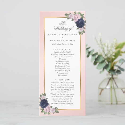 Navy Blue Blush Pink Gold Floral Weddenschap Programmakaart (Staand voorkant)
