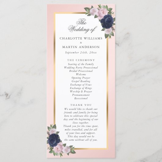 Navy Blue Blush Pink Gold Floral Weddenschap Programmakaart (Voorkant)