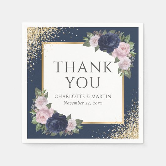 Navy Blue Blush Pink Gold Floral Weddenschap Servet (Voorkant)