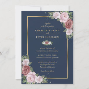 Navy Blue Blush Pink Gold Floral Wedding Kaart