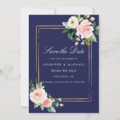 Navy Blue Blush Pink Gold Save the Date Kaart (Voorkant)