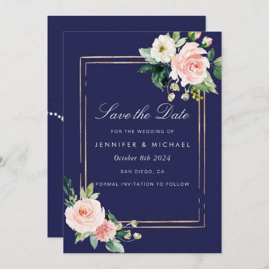 Navy Blue Blush Pink Gold Save the Date Kaart (Voorkant / Achterkant)
