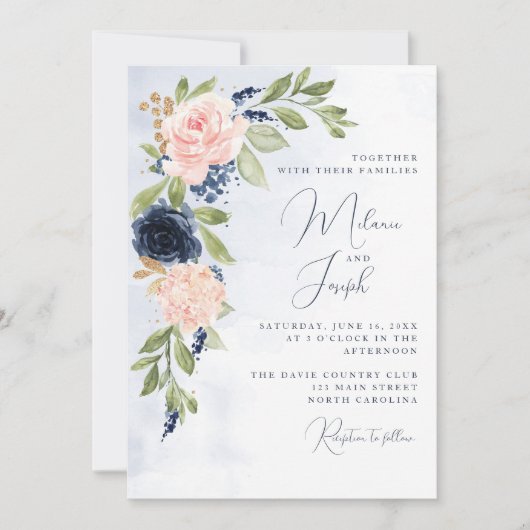 Navy Blue Blush Pink Gold Wedding Invitation Kaart (Voorkant)