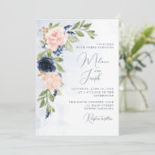 Navy Blue Blush Pink Gold Wedding Invitation Kaart (Staand voorkant)