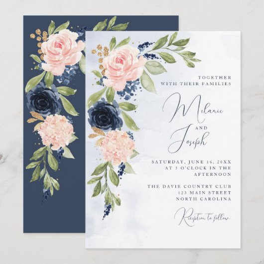 Navy Blue Blush Pink Gold Wedding Invitation Kaart (Voorkant / Achterkant)