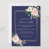 Navy Blue Blush Pink Gold Wedding Invitation Kaart (Voorkant)