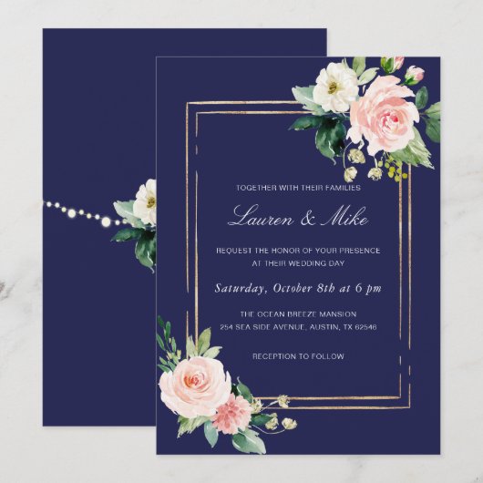 Navy Blue Blush Pink Gold Wedding Invitation Kaart (Voorkant / Achterkant)