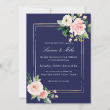 Navy Blue Blush Pink Gold Wedding Invitation