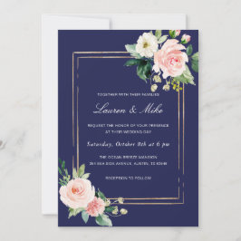 Navy Blue Blush Pink Gold Wedding Invitation Kaart