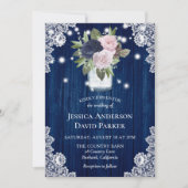 Navy Blue Blush Pink Lace Mason Jar Wedding Kaart (Voorkant)
