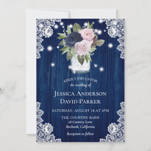 Navy Blue Blush Pink Lace Mason Jar Wedding Kaart (Voorkant)