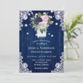 Navy Blue Blush Pink Lace Mason Jar Wedding Kaart (Staand voorkant)