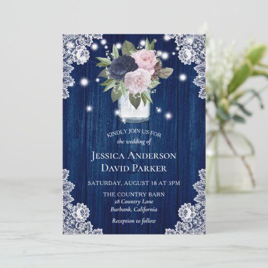 Navy Blue Blush Pink Lace Mason Jar Wedding Kaart (Staand voorkant)