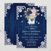 Navy Blue Blush Pink Lace Mason Jar Wedding Kaart (Voorkant / Achterkant)