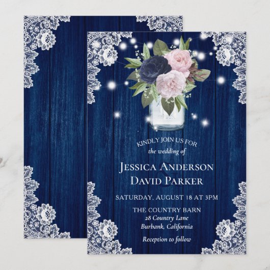 Navy Blue Blush Pink Lace Mason Jar Wedding Kaart (Voorkant / Achterkant)