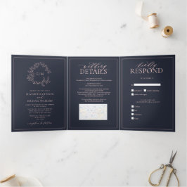 Navy Blue Blush Pink Leafy Crest Monogram Weddensc Drieluik Uitnodiging