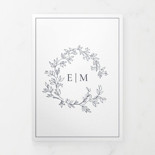 Navy Blue Blush Pink Leafy Crest Monogram Weddensc Drieluik Uitnodiging (Cover)