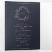 Navy Blue Blush Pink Leafy Crest Monogram Weddensc Drieluik Uitnodiging (Binnenzijde eerst)