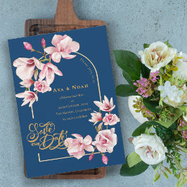 Navy Blue Blush Pink Magnolia Floral Save the Date Kaart